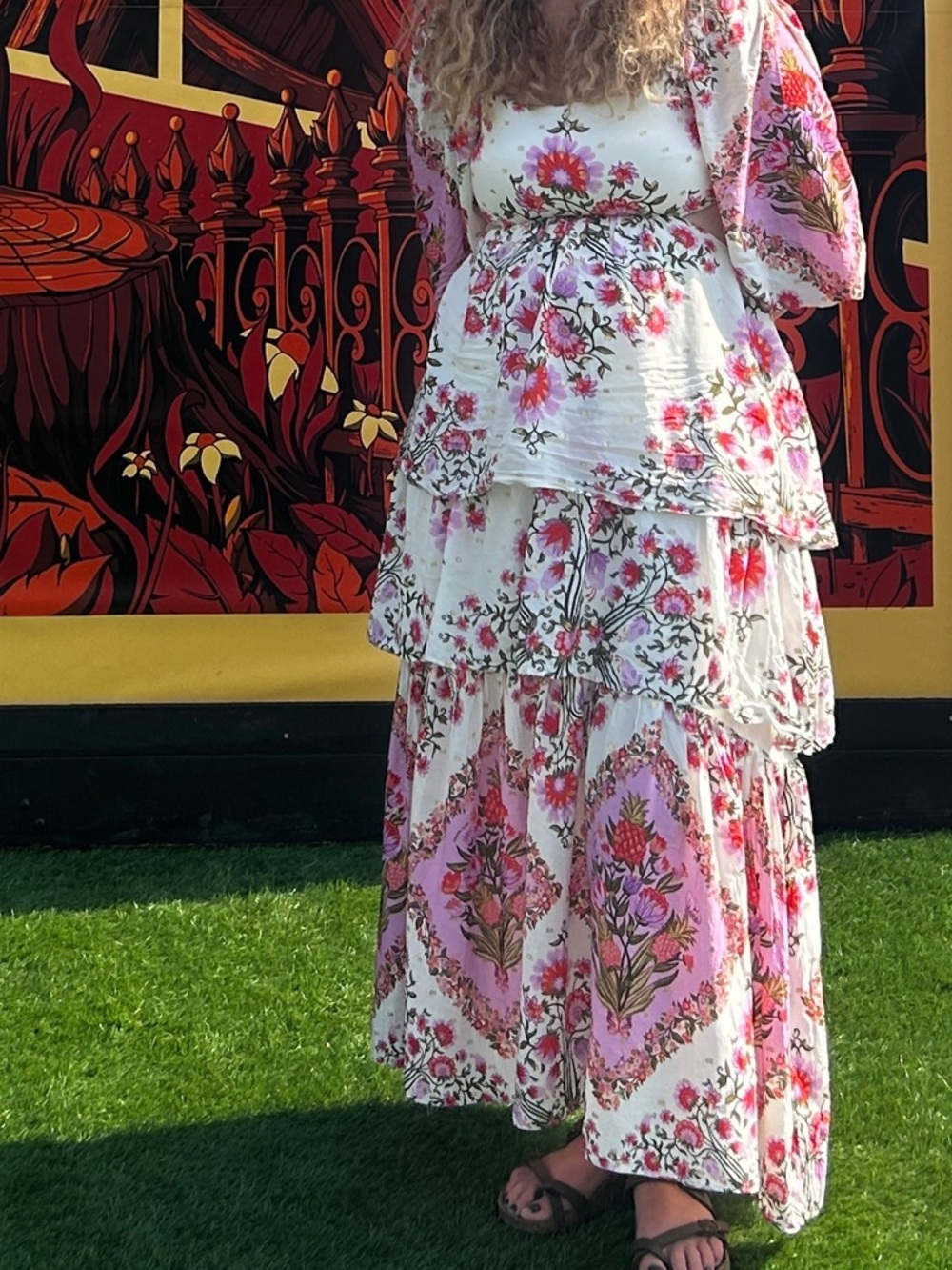 FARM Rio White and Pink Floral Tiered Maxi Dress